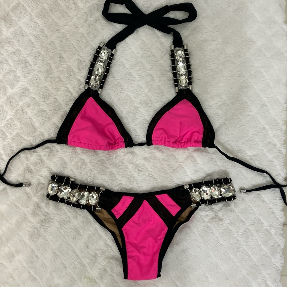 NEW Beach Bunny Rare Roped Up Pink Black Diamond Bikini S XS